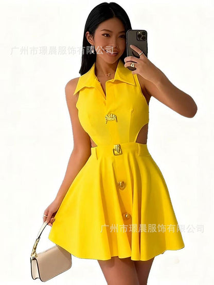 Sexy Hollow Out Sleeveless Dresses For Women Fashion Elegant Solid Lapel French Dress Summer Office A-line Robe Femme Black