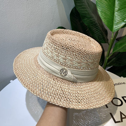 Chapéu de Palha Feminino de Verão Chapéu de Sol Luxuoso Feminino Chapéu de Praia de Proteção Solar da Moda Chapéu Panamá Francês Chapéu Raff de Aba Larga com Topo Abaulado