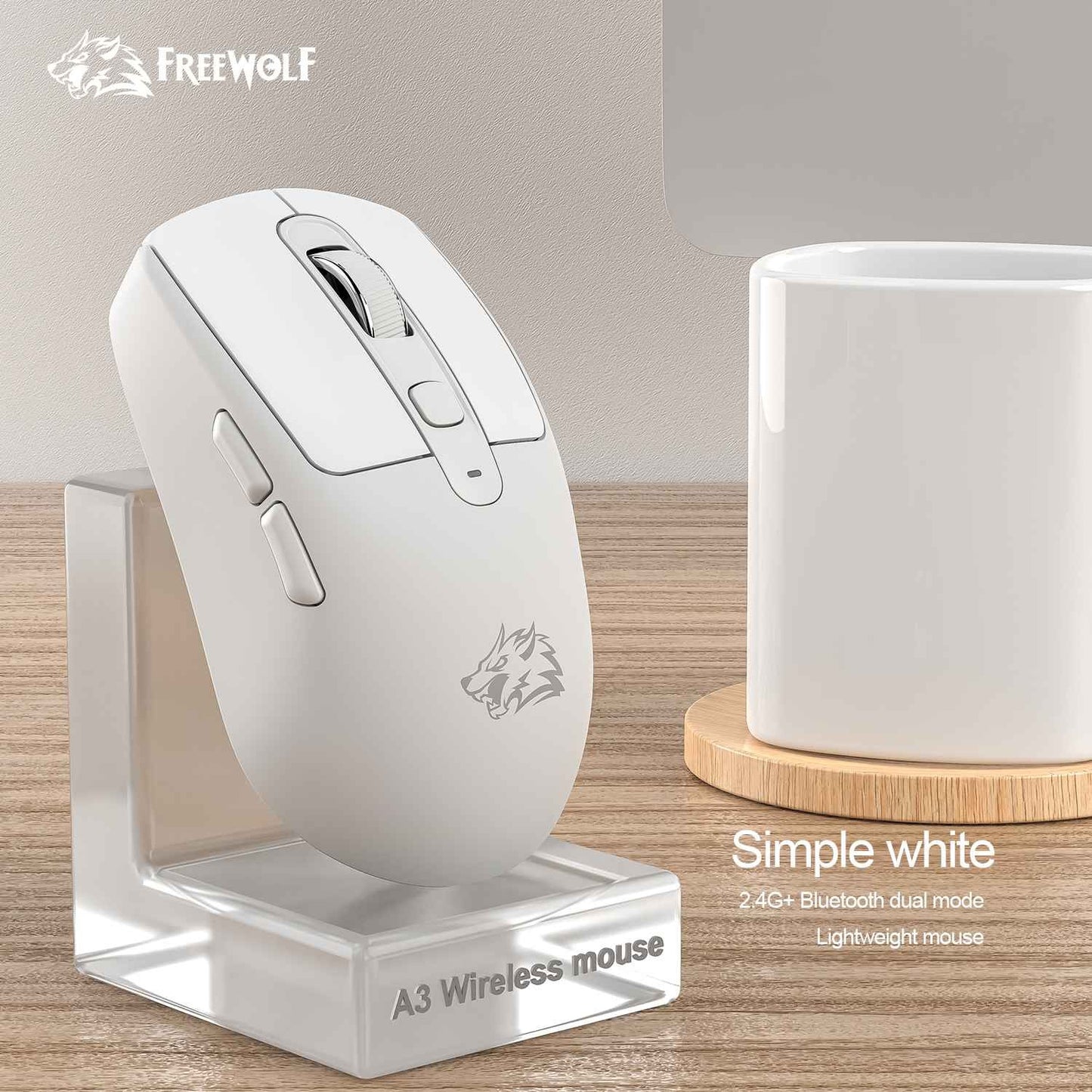 FREEWOLF A3 Wireless Silent Mouse ABS Pink Skin Not Fade Bluetooth Dual Mode Power Linght,5-Speed DPI,PAW3212 Chip Silent Design