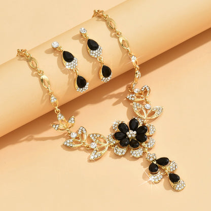 Conjunto de Joias Femininas 3 Peças com Colar e Brincos de Flor Preta Dourada para Casamento, Banquete, Festa, Presente