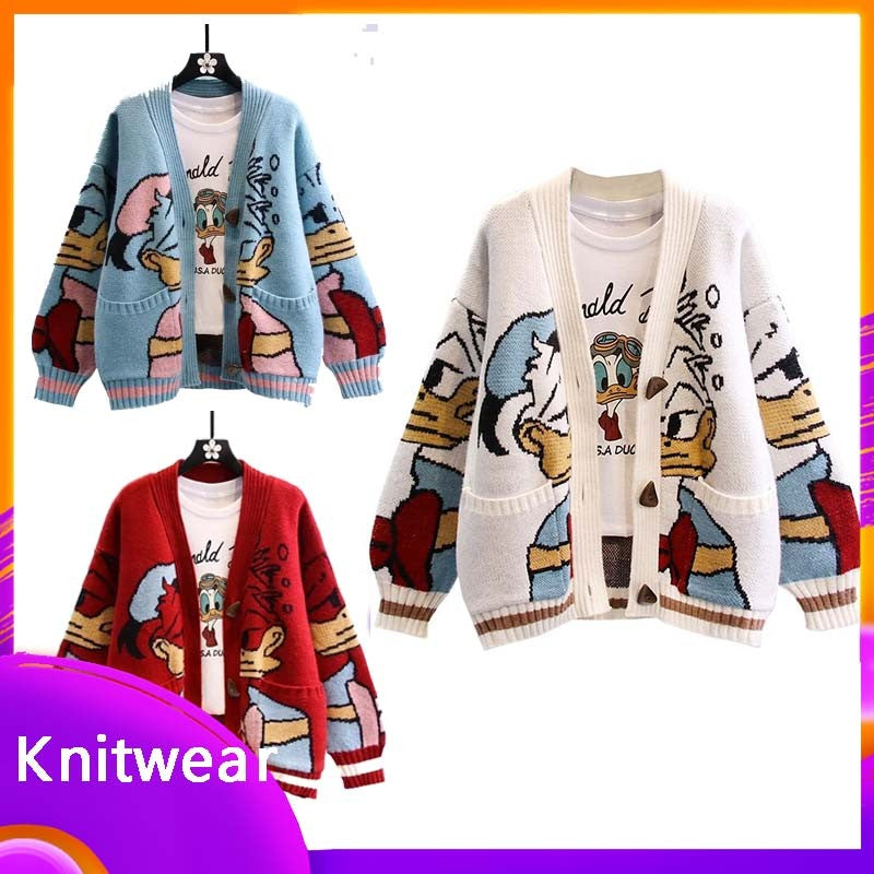 Suéter Disney Pato Donald Anime Desenho Animado Casaco Feminino Outono/inverno Cardigã Solto Suéter de Malha Blusa Presente para Menina