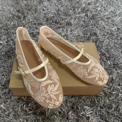 Embroidery Pearl Mesh Ballet Flats Women Fashion Hollow Round Toe Flat Sandals Elegant Comfortable Belt Buckle Mary Jane Shoes