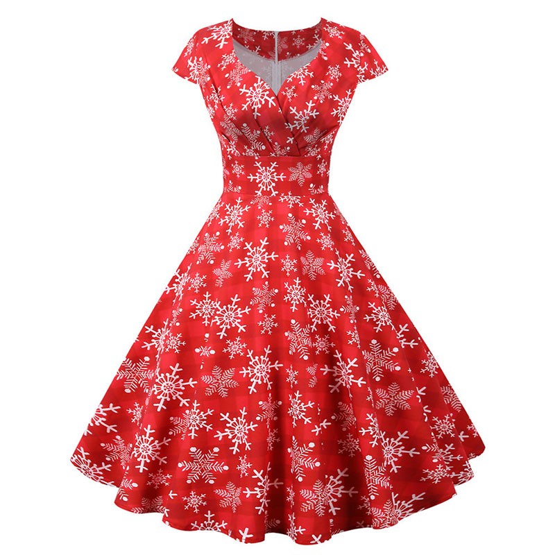 Fashion V-neck Short Sleeve Printed Christmas Dress Large Swing Vintage Elegant Xmas Party Dress