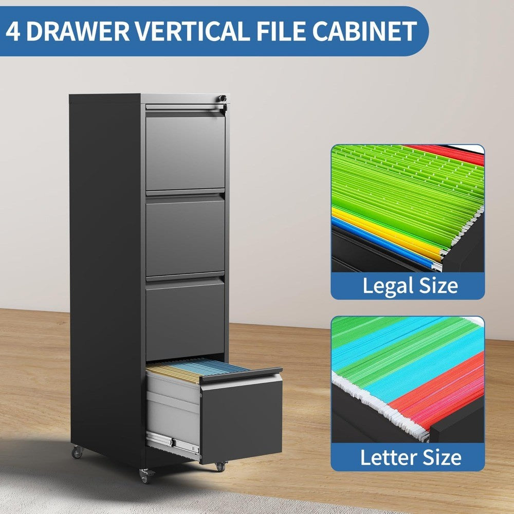 4 Drawer Mobile File Cabinet, Metal Filing Cabinet with Lock and Wheels, Home Office Rolling File Cabinets for Legal/Letter