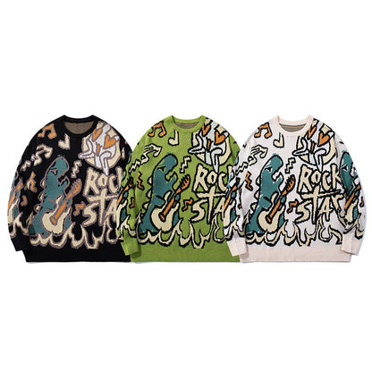 CALESECT Green Dinosaur Knit Sweater Womens Dino Jumper Y2K Streetwear Oversized Pullover Plus Size Mens Women Adults Men Trendy