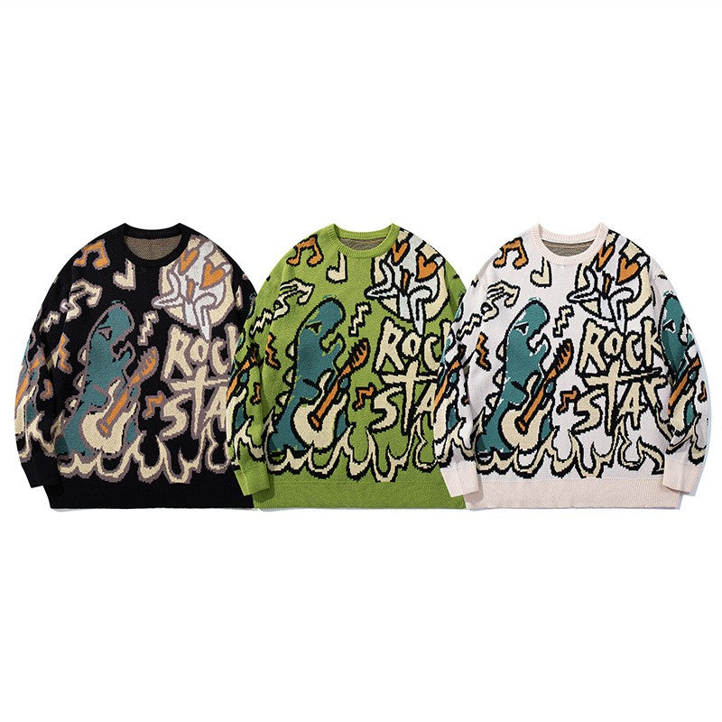 CALESECT Green Dinosaur Knit Sweater Womens Dino Jumper Y2K Streetwear Oversized Pullover Plus Size Mens Women Adults Men Trendy