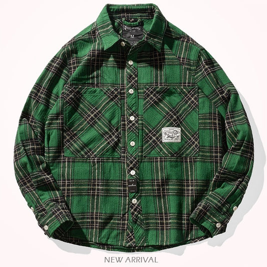 8112# Autumn New Japanese Retro Cargo Sueded Plaid Shirt Men's Fashion 100% Cotton Washed Old Pocket Long Sleeve Casual Blouses