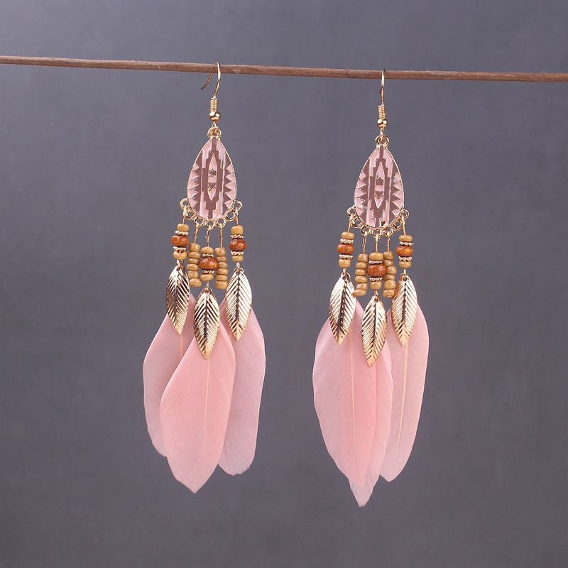 Brincos femininos longos de pena estilo boho, praia, com borla longa, miçangas, flores artesanais esmaltadas, para noiva, casamento, Pendientes Mujer