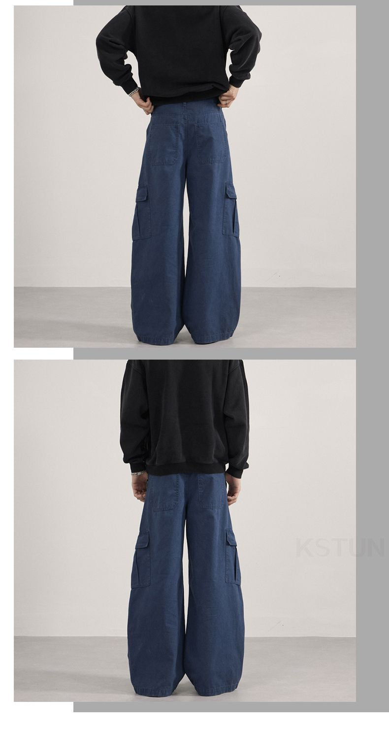 KSTUN 2025 Men Washed Vintage Cargo Pants 100% Cotton Loose Fit Oversize Multi-Pockets Trousers Blue Male Casual Scimitar Pants