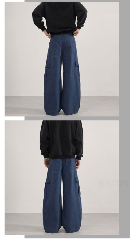 KSTUN 2025 Men Washed Vintage Cargo Pants 100% Cotton Loose Fit Oversize Multi-Pockets Trousers Blue Male Casual Scimitar Pants