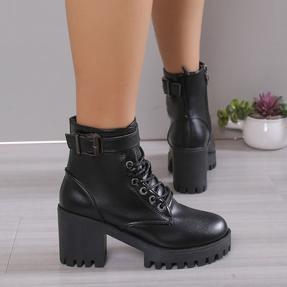 Winter New Fashion Comfortable Elegant Square with Women's Shoes Side Zipper Round Head Solid Color Simple Thick Heel Boots