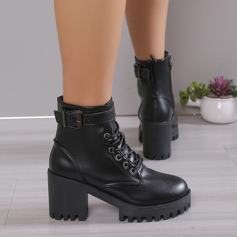Winter New Fashion Comfortable Elegant Square with Women's Shoes Side Zipper Round Head Solid Color Simple Thick Heel Boots