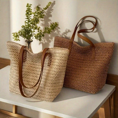 Fashionable and Versatile Women's Woven Bag with Zipper for Travel, Large Capacity Beach Bag, Handbag