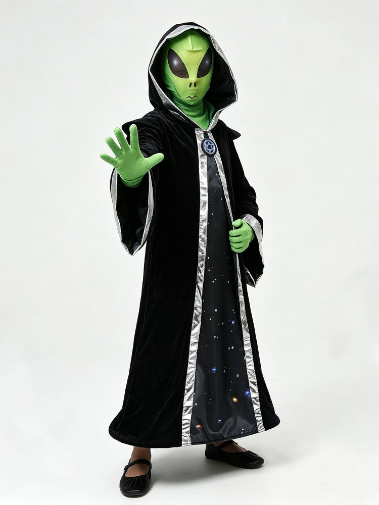 Adult Child Alien Wizard Cosplay Costume Starry Sky Hooded Cape Green Gloves Mesh Mask Perfect Halloween Parties Space Adventure
