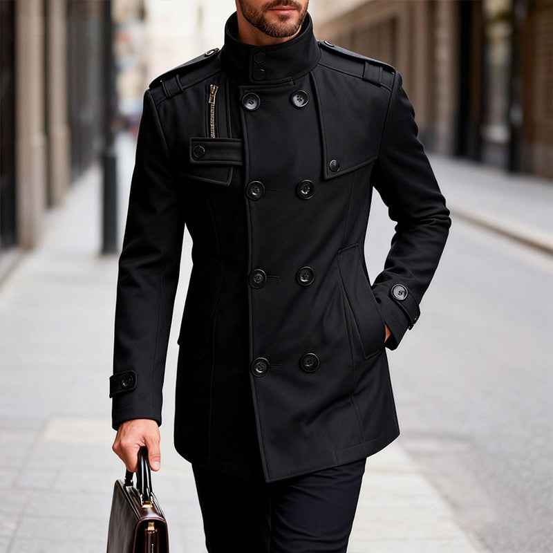 Men's Double-breasted Woolen Overcoat Fashion Solid Color Mid-length Jacket Luxury Light Business Stand Collar Trench Coat M-3XL