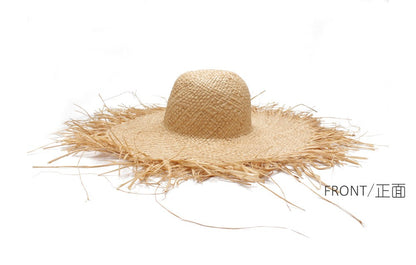 WZCX Feito à Mão Borla Feminina Chapéus de Sol de Palha Aba Larga Grande Chapéu de Palha Natural de Ráfia Panamá Praia Chapéus de Sol Para Feriado
