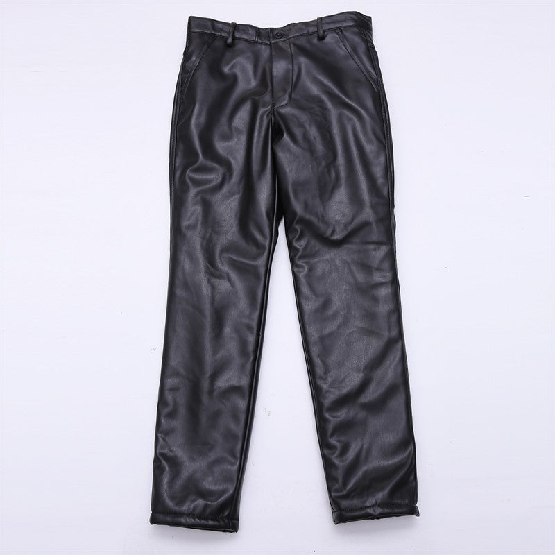 Men's High Waist Stretch Leather Pants, Windproof Straight Biker PU Pants, Warm Winter Trousers, New Fashion, 29-42