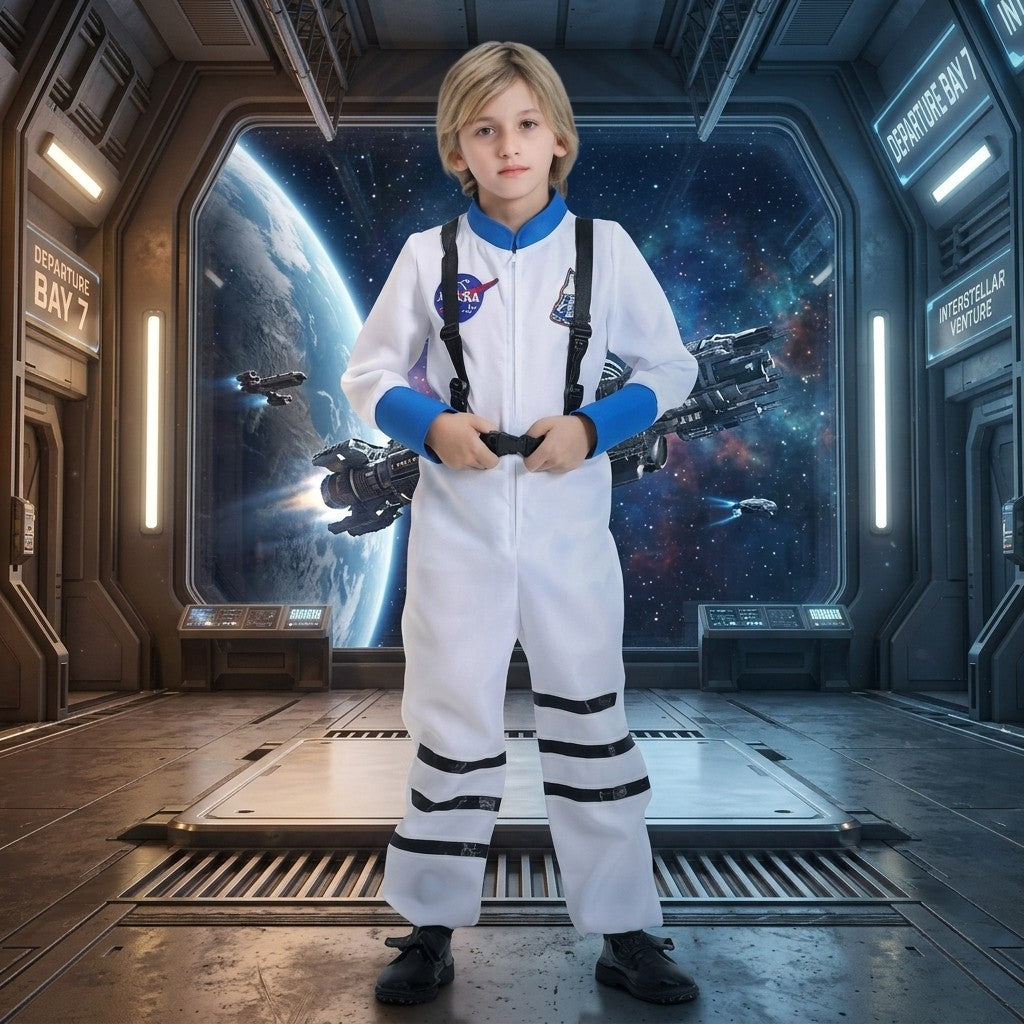 Halloween Space Suit Jumpsuit Cosmic Astronaut Costume Metallic Silver Unisex Family Party Dress Up