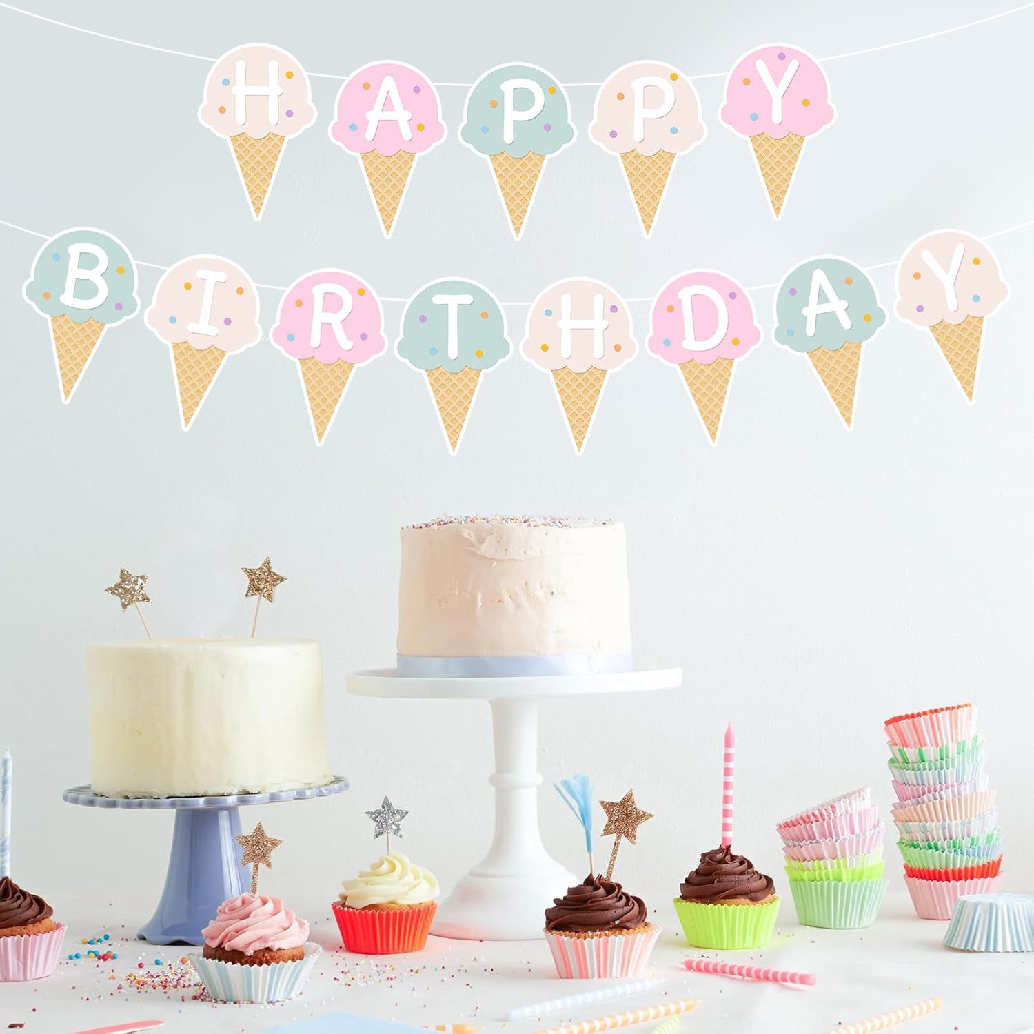 Colorful Paper Banners Ice Cream Shape Pull Flag Party Bunting Milk Tea Summer Theme Garland Decorative
