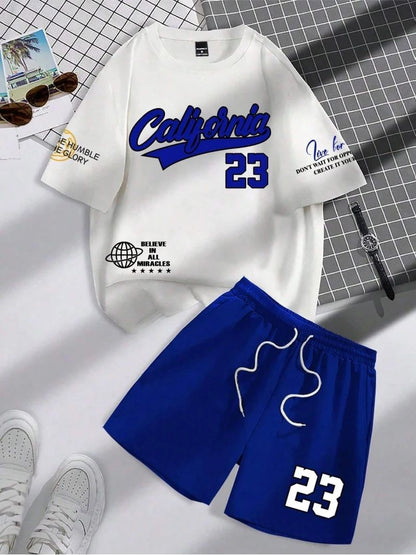 2025 summer new trend men's suit round neck short sleeve set fashion personalized alphanumeric print round neck T-shirt and shor