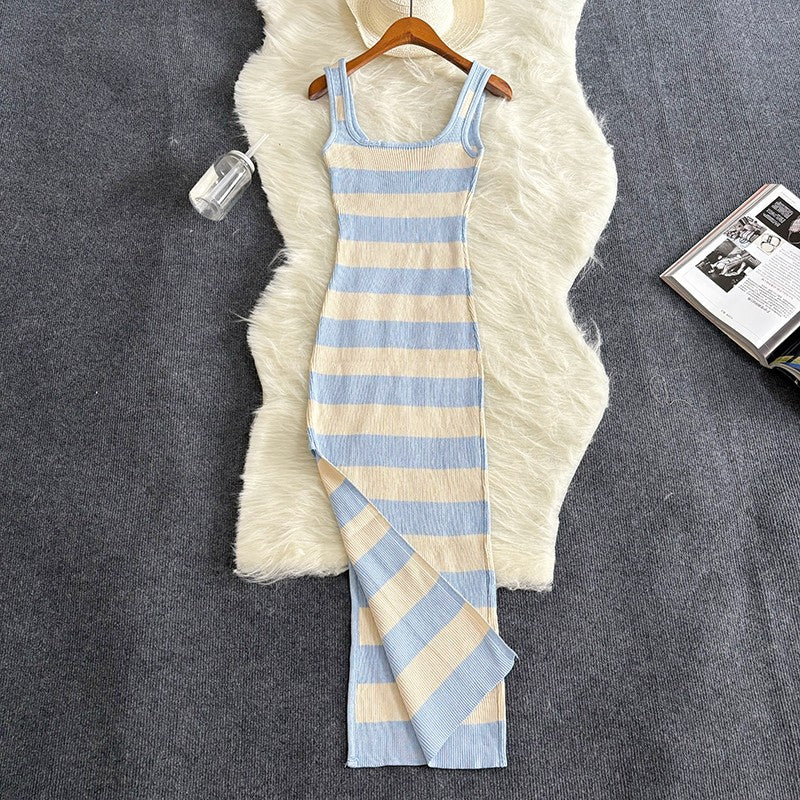 2024 Stripe Summer Elastic Split Bodycon Dress Sexy Beach Vacation Sundress Wome
