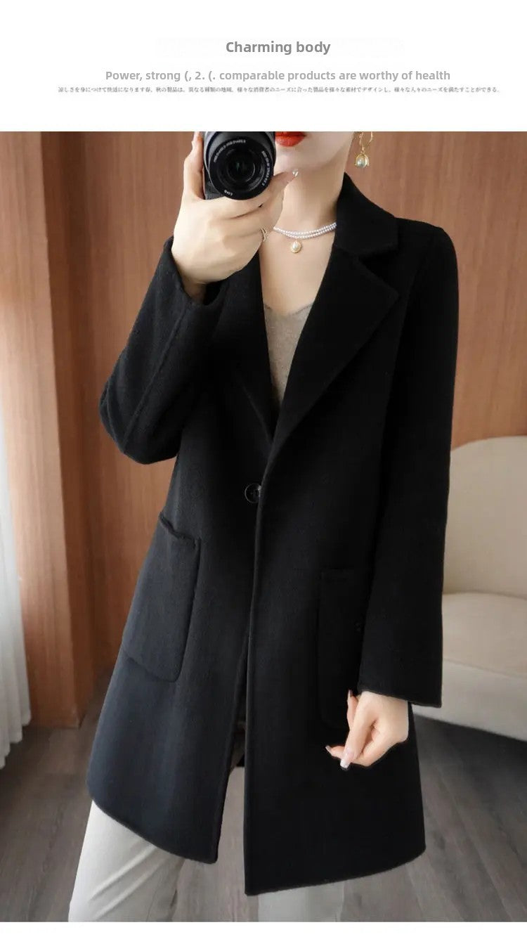 Ladies' Fashionable Woolen Coat Autumn Winter High End Medium Length Leisure Style Woolen Outerwear Pure Color Full Sleeve