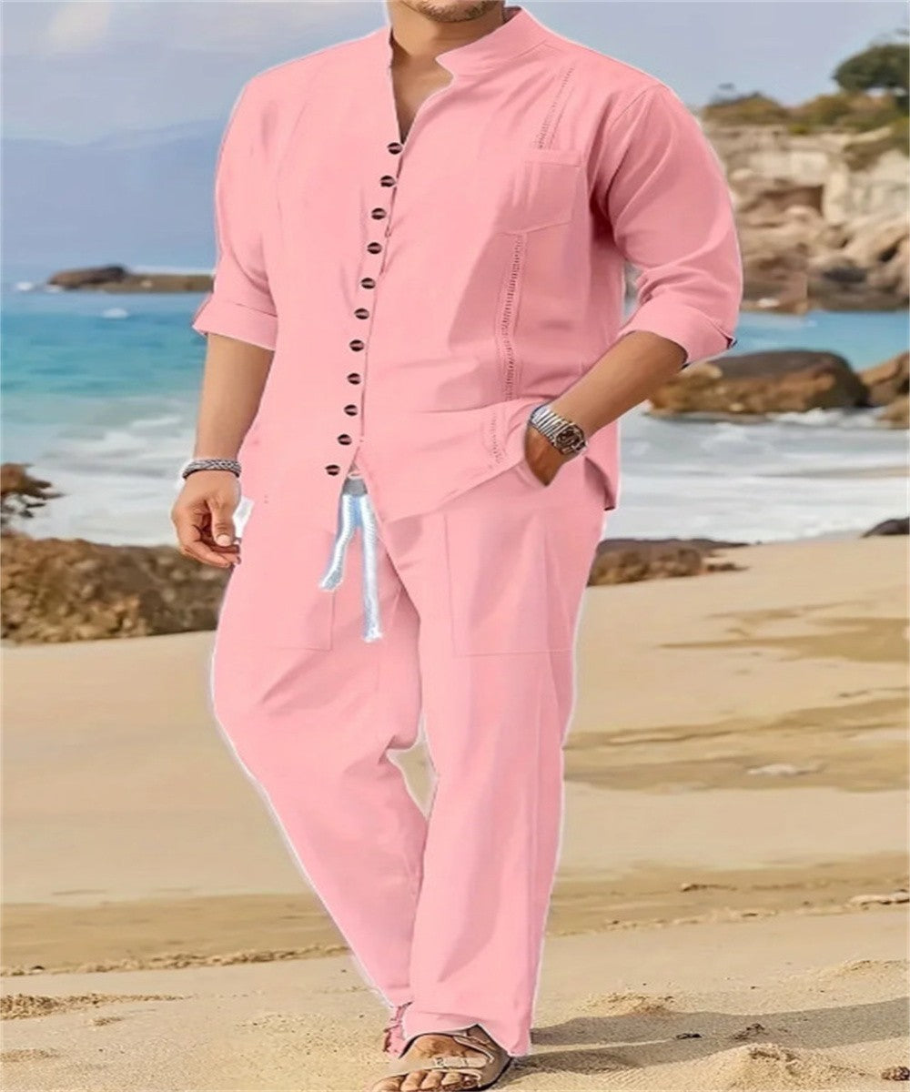 2025 Spring and autumn Cuban style fashion men's shirt trend casual multi-button stand collar loose long sleeve pants beach suit