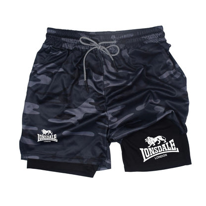 2 in 1 Running Shorts Men Workout Lonsdale Compression Shorts with Phone Pocket Towel Loop Summer Sport Athletic Activewear