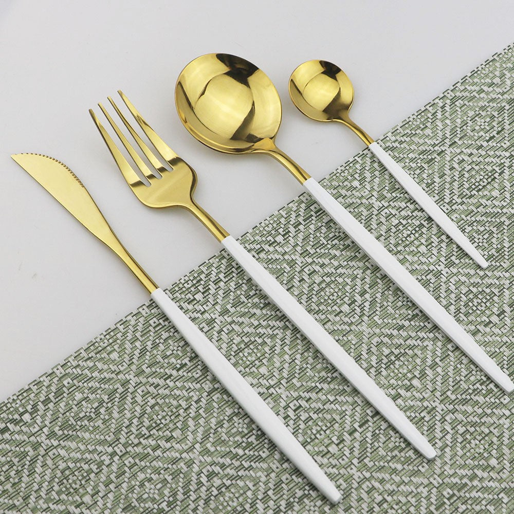 8 colheres de mesa de jantar, talheres de aço inoxidável, prateado, talheres dourados, utensílios de cozinha, talheres pretos.