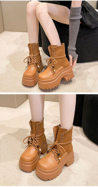 High Platform Women Motorcycle Boots 9CM Wedge Heels Walking Ankle Shoes New 2025 Autumn Winter Lace-up Modern Short Booties
