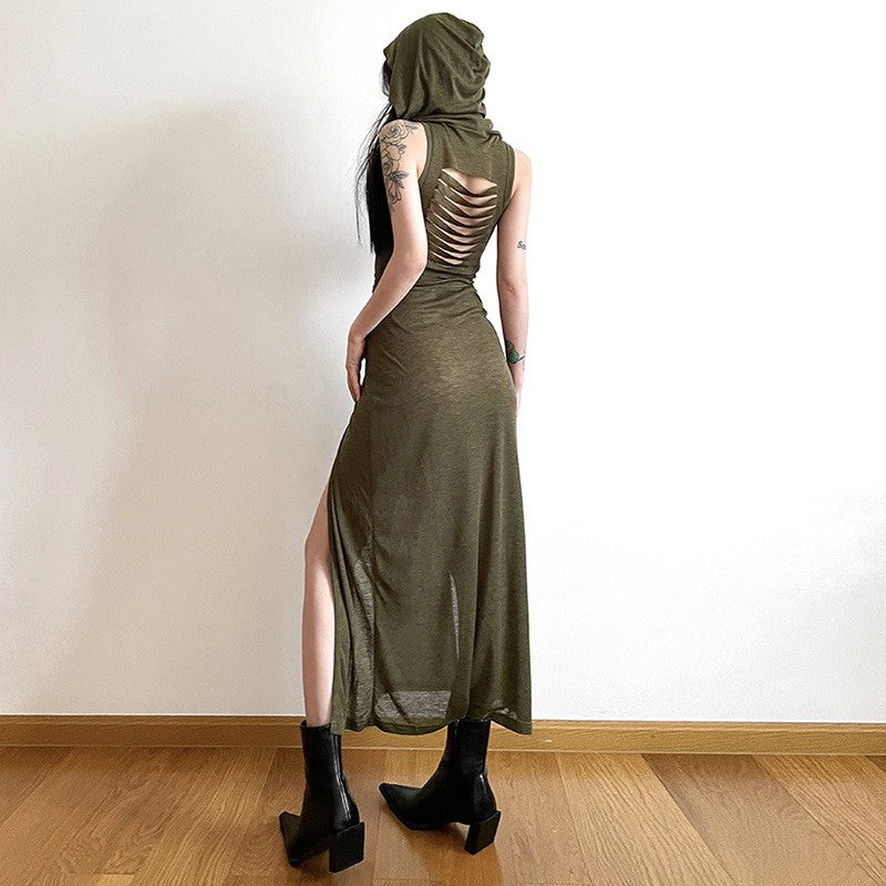 Goth Dark Cyber Gothic Desert Walker Hooded Dresses Y2k Punk Grunge Hollow Out M