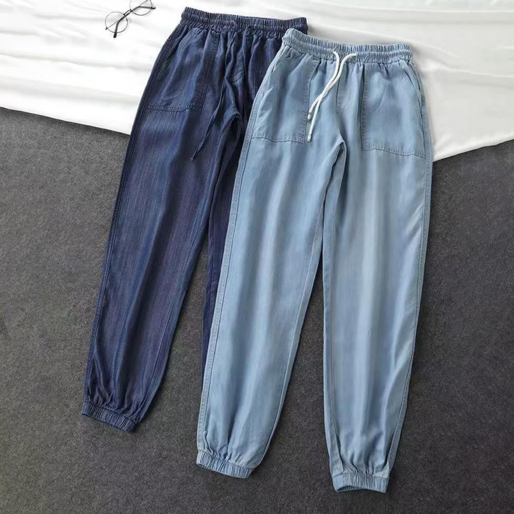 Summer Thin Ice Silk Jeans Women Elastic High Waist Drawstring Harem Pants Loose All-matched Beam Leg Nine Points Denim Pants