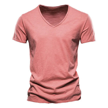 Brand Quality 100% Cotton Men T-shirt V-neck Fashion Design Slim Fit Soild Male Tops Tees Short Sleeve