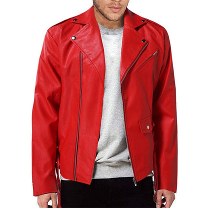 Men Business Casual Red Imitation Leather Jacket 2025 New Fashion Male Oblique Zipper Biker Coats