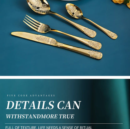 16/24Pcs Silverware Set,304 Stainless Steel Gold Cutlery Kit Mirror Polished Flatware Sets Vintage Carved Utensils Set Tableware