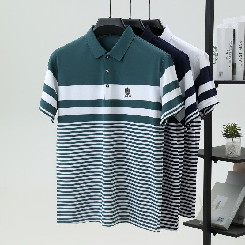 High end brand embossed men short sleeve polo shirt fashion stripe color blocked summer ice silk breathable luxury Paul T-shirt