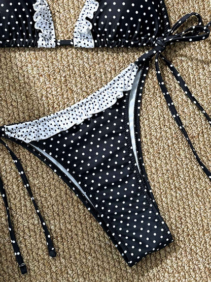 Sexy Black Dot Print Bikini Set Women Halter Lace Patchwork Push Up Bra Tie Side Thong Swimsuit 2025 Beach Bathing Suit Swimwear