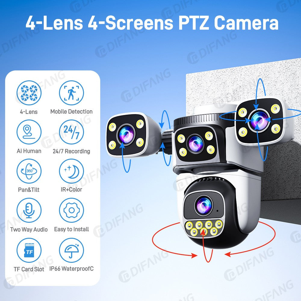 DIFANG 20MP 4 Screens WiFi Security Camera Outdoor 5X  Zoom Quad Lens Auto Tracking Waterproof Night Vision CCTV Cameras
