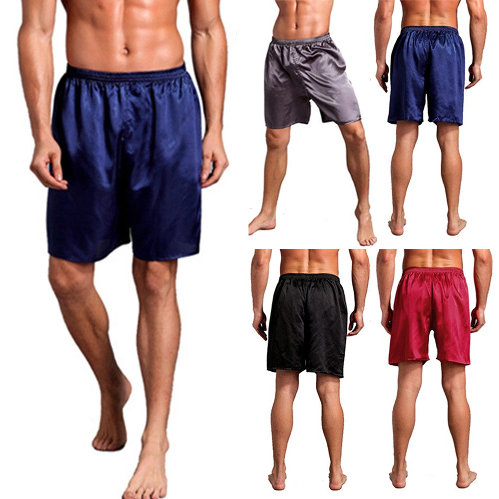 Men Casual Home Nightwear Silk Satin Pajamas Shorts Soft Pyjamas Pants Sleep Comfortable Bottoms Solid Color Breathable Boxer