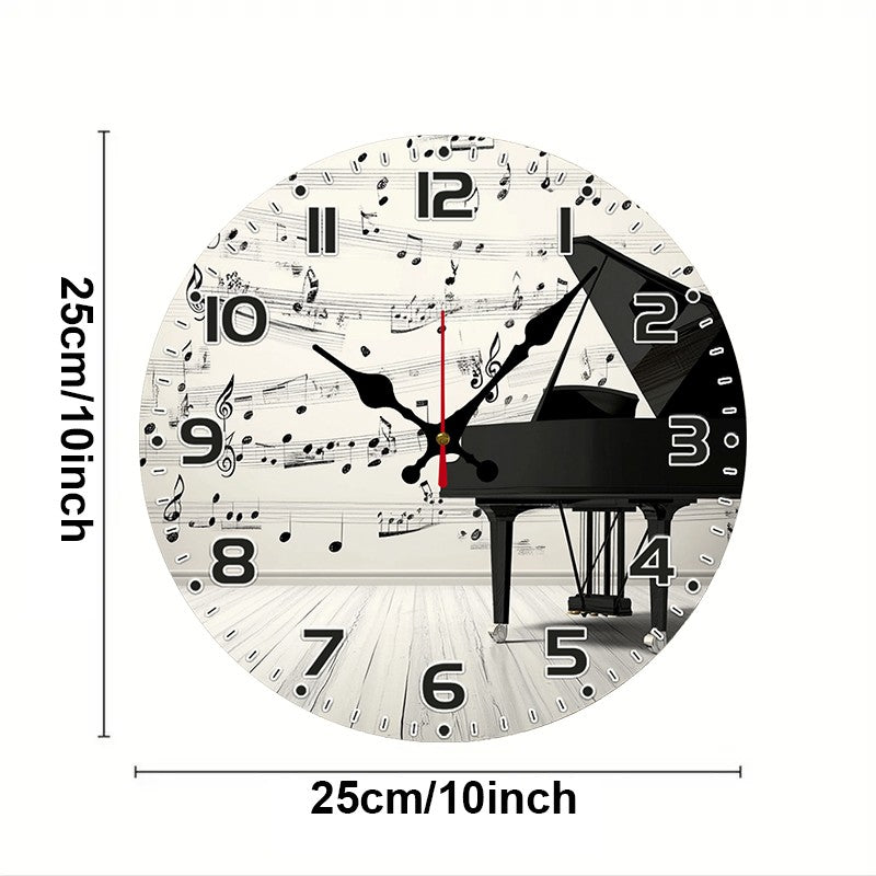 Elegant Piano Notes Wooden Round Silent Hanging Wall Clock, Suitable For Living Room,Office,Study Room, Bedroom, Home Decoration