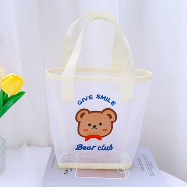 INS Cute Bear Cosmetic Bag Women Fashion Handbag Transparent Mesh Makeup Case Summer Convenient Swimming Outdoor Beach Bag