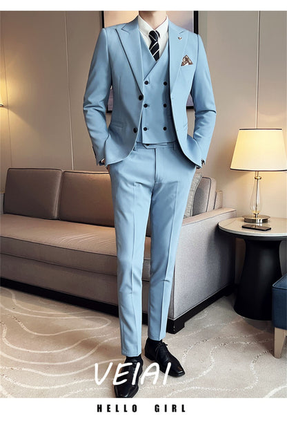 Customized(Jacket+Vest+Pants) Men Spring High Quality Business Suits Jacket/Male Groom's Wedding Dress Fashion Slim Fit Tuxedo B