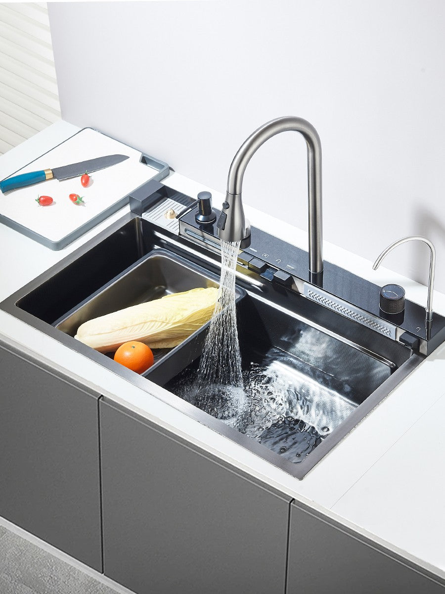 Large 304 Kitchen Sinks 75x45cm Stainless Steel Kitchen Waterfall Sink Digital Display Large Single Sink Dish Washer Faucet