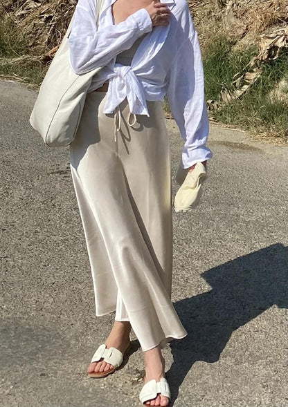 New In 2025 Spring Summer Solid Color Satin Long Skirt For Women High Waist Lace