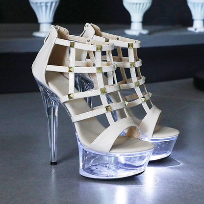 Light Up Glowing Sandals Women Transparent Platform Luminous Wedding High Heels Fashion Rivet Summer Nightclub Stripper Shoes