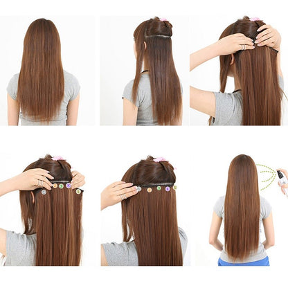 Alongamento de Cabelo Sintético Invisible Hair Extensions com 5 Clipes, 60cm, Liso, Resistente ao Calor, para Mulheres