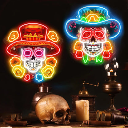 Day of the Dead Sugar Skull Neon Sign Mexican Sugar Skull Art Sign Día de los Muertos LED Light Sign for Home & Party Decor