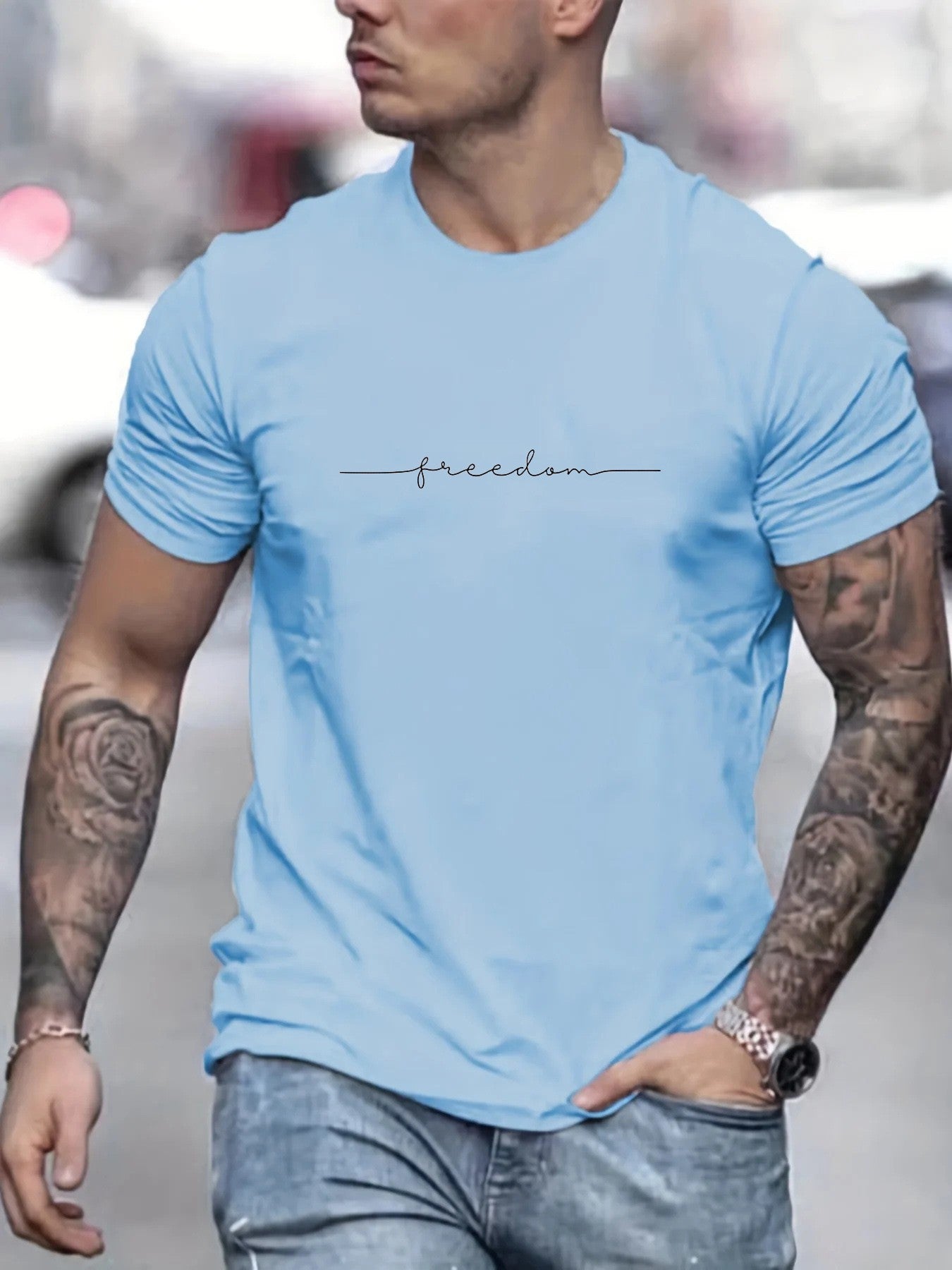 Men's Summer Loose Size 100% Cotton Freedom Graphi Print Casual Slim Fit Round Neck Short Sleeve T-shirt Top