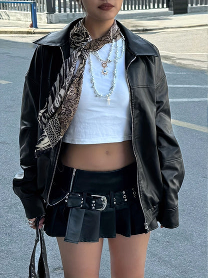 Autumn Women's Faux Leather Jackets 2025 Fall Long Sleeve Bomber Jacket Lapel Zip Up Motorcycle Coats Winter Clothing