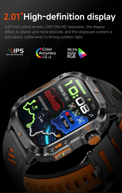 2026 Novas pulseiras inteligentes militares de GPS para ambientes externos, bússola masculina, frequência cardíaca, chamada BT, lanterna LED, Smartwatch à prova d'água 10ATM para natação